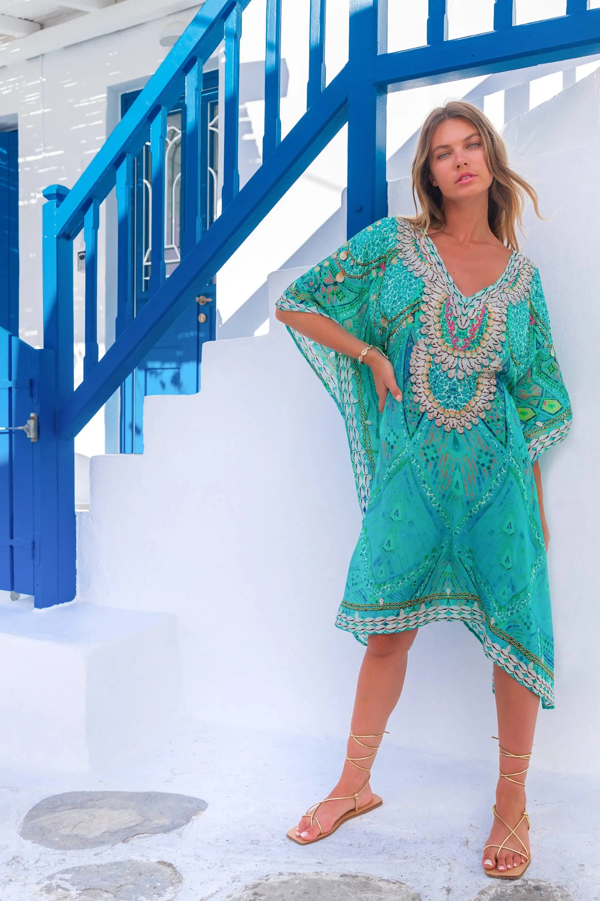 lindsey brown resort wear, aqua silk printed beach cover ups 