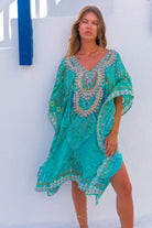 lindsey brown resort wear aqua printed designer beach cover ups 