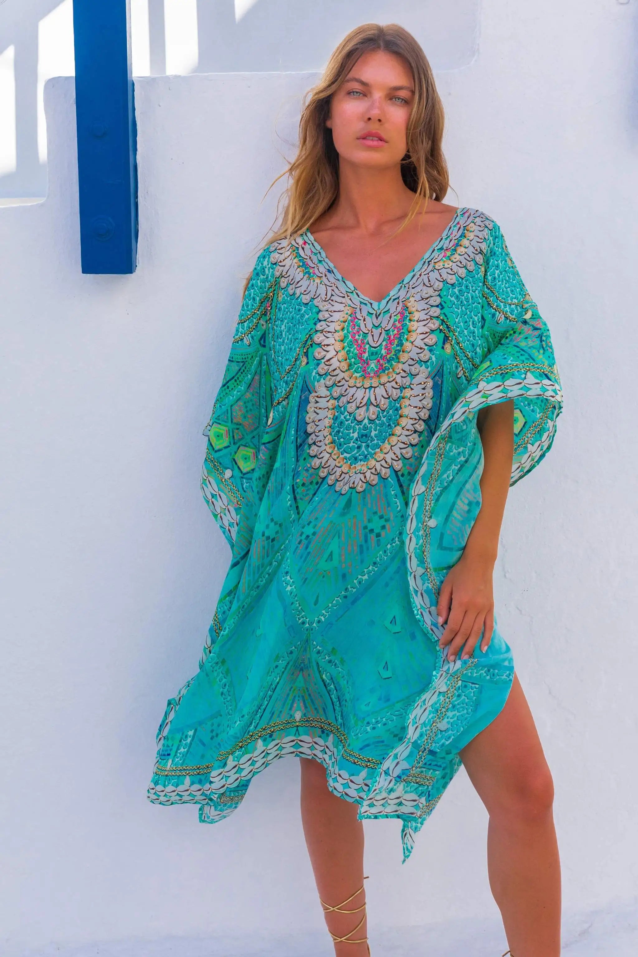 lindsey brown resort wear aqua printed designer beach cover ups 