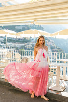 Scenic view of Santorini pink and white floaty silk chiffon maxi dress, by Lindsey Brown.