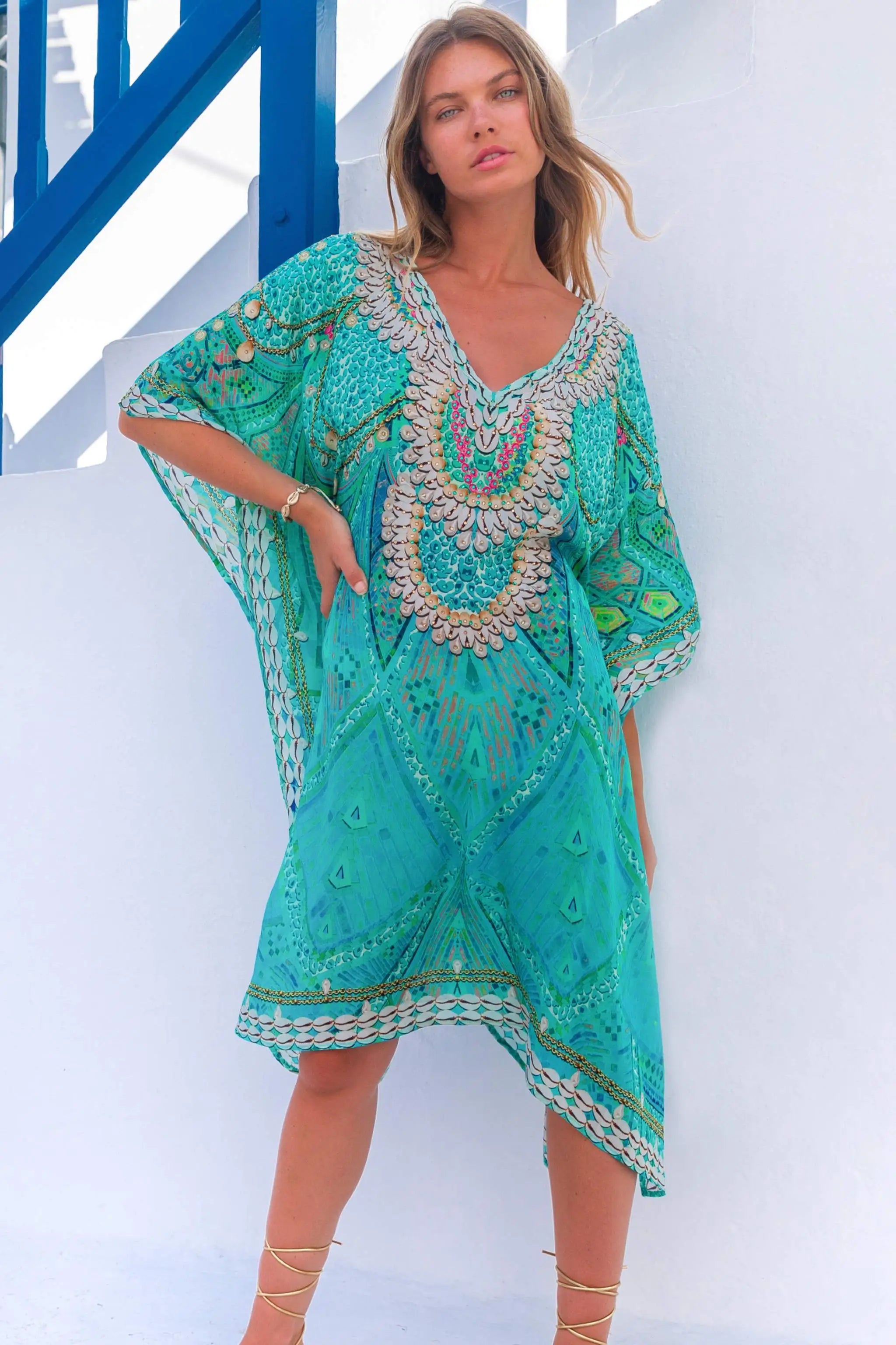 lindsey brown silk resort wear , aqua floaty designer beach cover ups