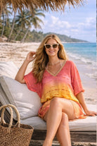 orange  pink yellow ombre silk designer kaftan to wear on a luxury holiday by lindsey brown r