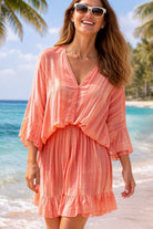 peach ivory bloused silk kaftan dress by lindsey brown resort wear 