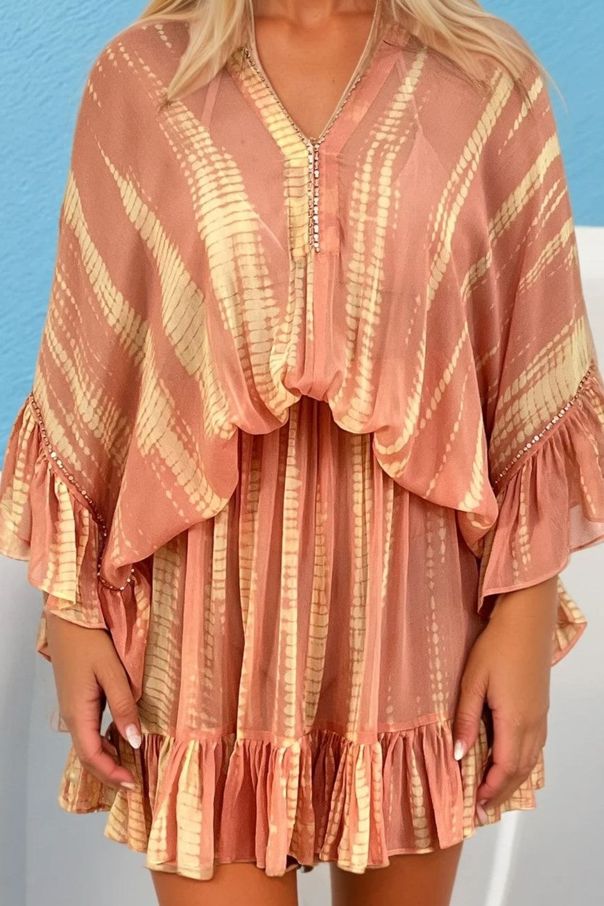 peach hand tie dye silk kaftan dress by Lindsey Brown resort wear