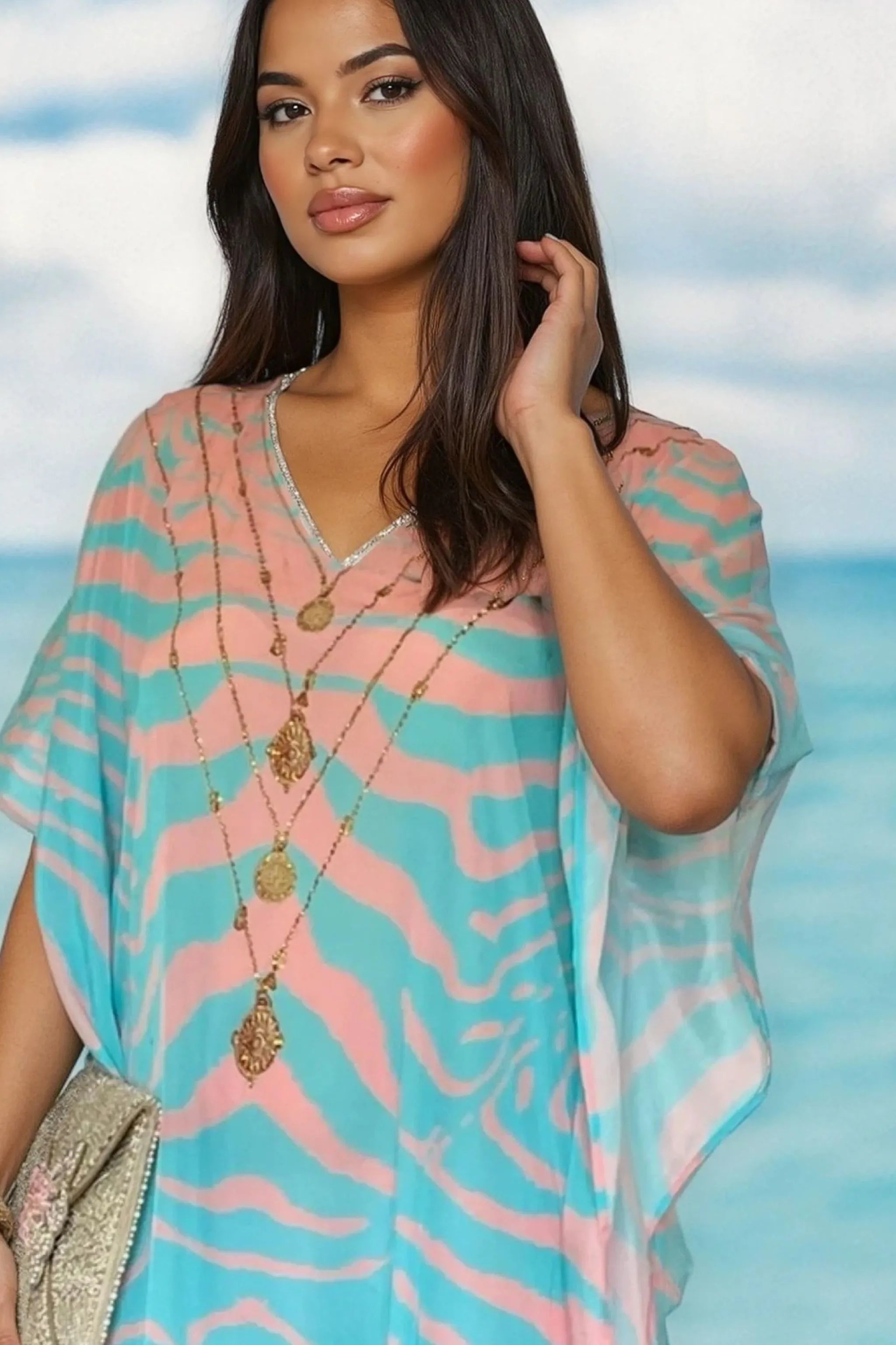pink and blue silk designer beach cover ups by Lindsey Brown