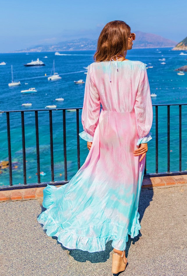 half pink half blue silk holiday dress pink silk maxi wrap over dress by luxury resort wear brand lindsey brown 