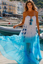 turquoise and white sleeveless floaty silk resort wear dress by lindsey brown