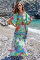 turquoise printed floaty silk crepe maxi beach cover up for warm holidays 
