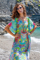 turquoise floaty silk crepe maxi beach cover up for warm holidays by the beach