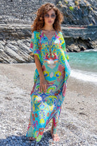 turquoise floaty silk crepe maxi beach cover up for warm holidays 
