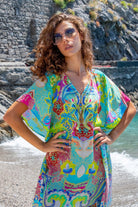 turquoise floaty silk crepe maxi beach cover up for warm holidays 
