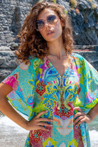 turquoise floaty silk crepe maxi beach cover ups