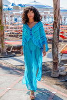 turquoise silk luxury resort wear by Lindsey Brown to wear in the Maldives