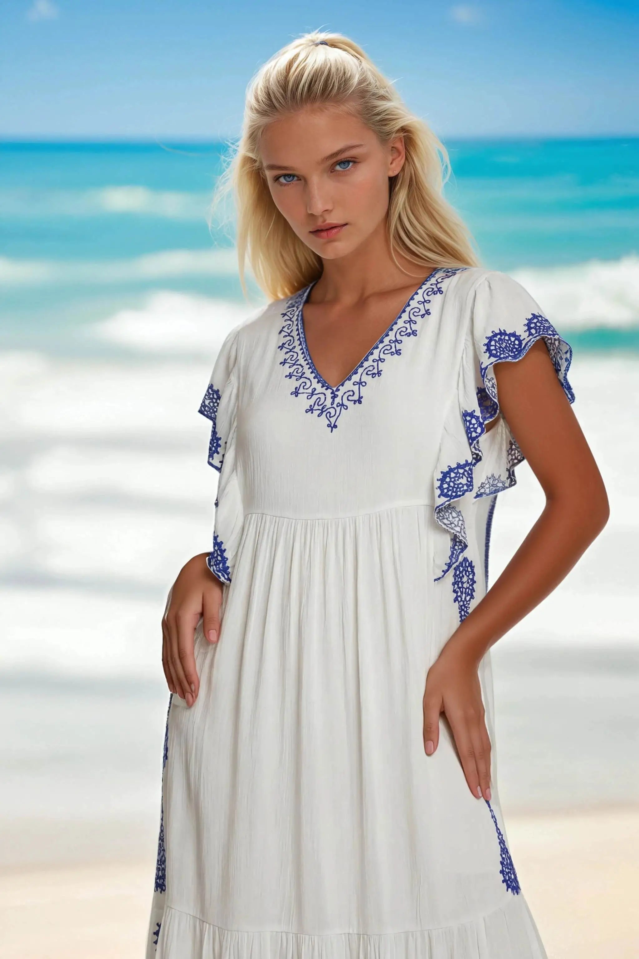 White cotton midi dress to wear on vacation by Lindsey Brown