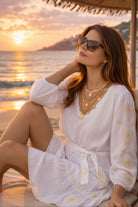 white v neck cotton beach dress with long sleeves