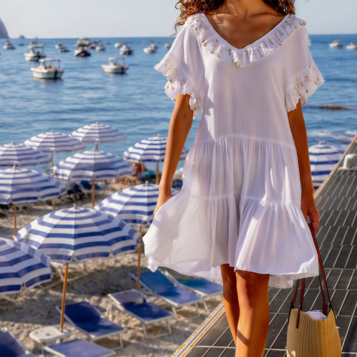 White cotton beach dress and gold embroidery – Lindsey Brown