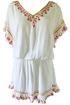White coral and gold drop waist beach dress by Lindsey Brown luxury resort wear 