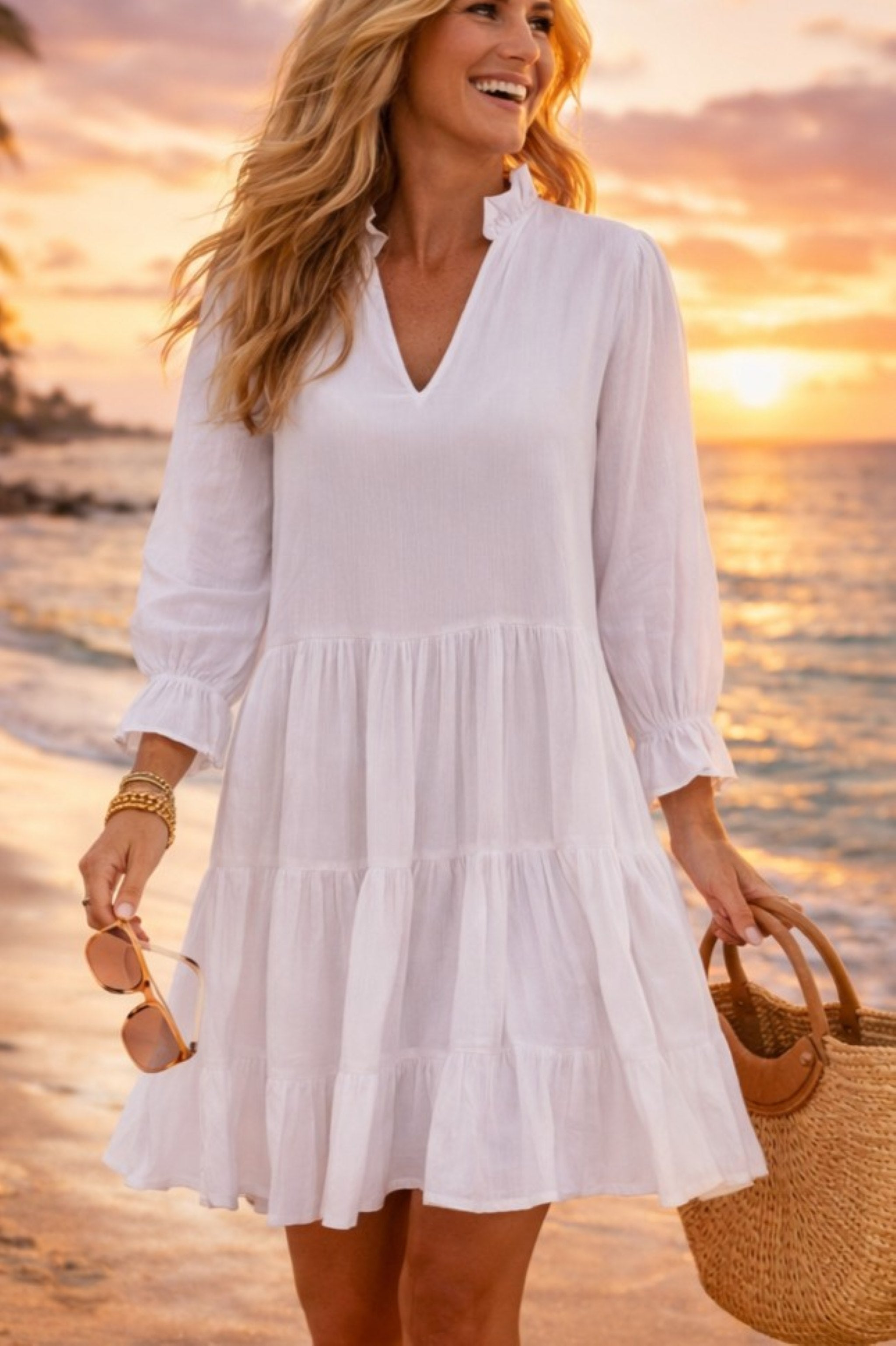white cotton long sleeved holiday dresses to wear to the beach