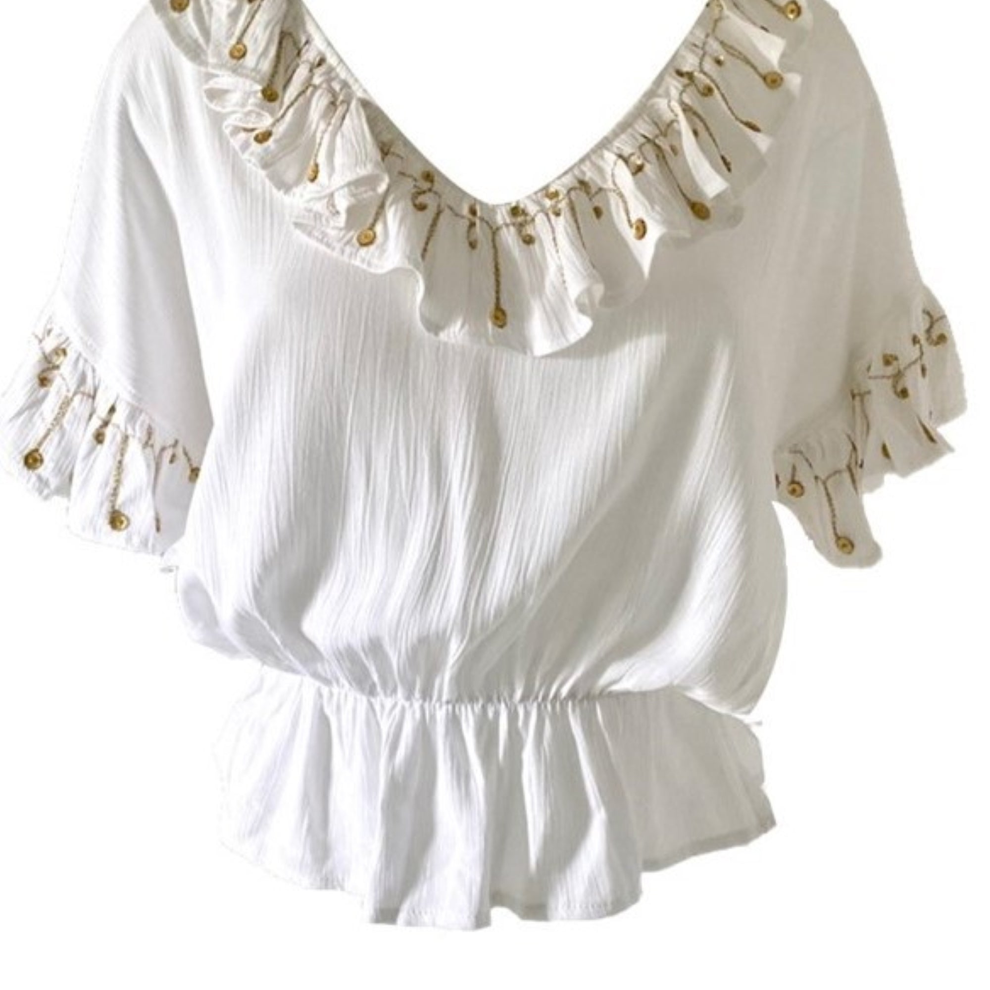 white cotton ruffled holiday top by lindsey brown resort wear 
