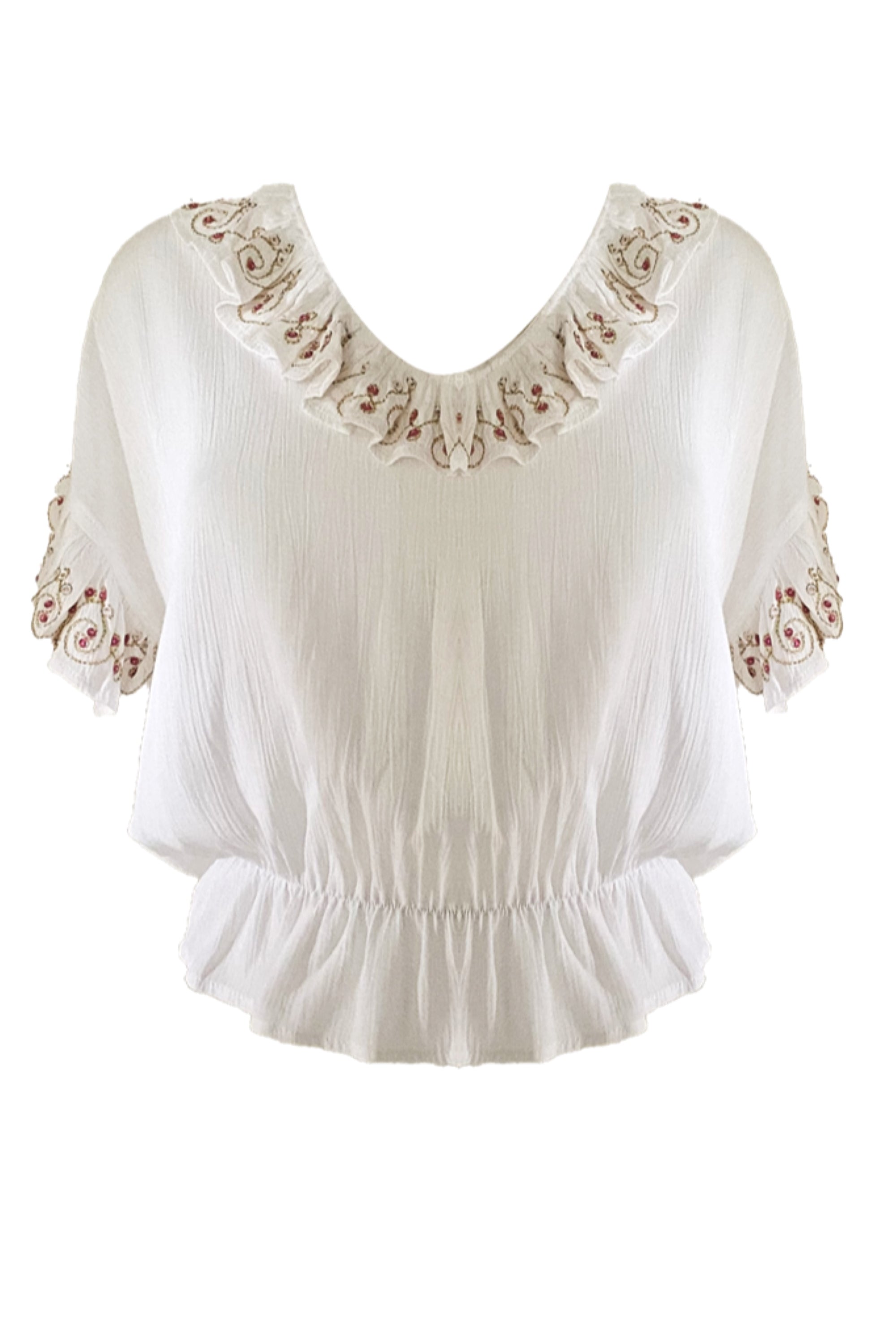 White cotton v neck holiday top with pink and gold embroidery called Lydia&nbsp;is a fabulous new shape of cotton white top to wear all summer and on holiday. Such a flattering holiday top as its loose and airy.