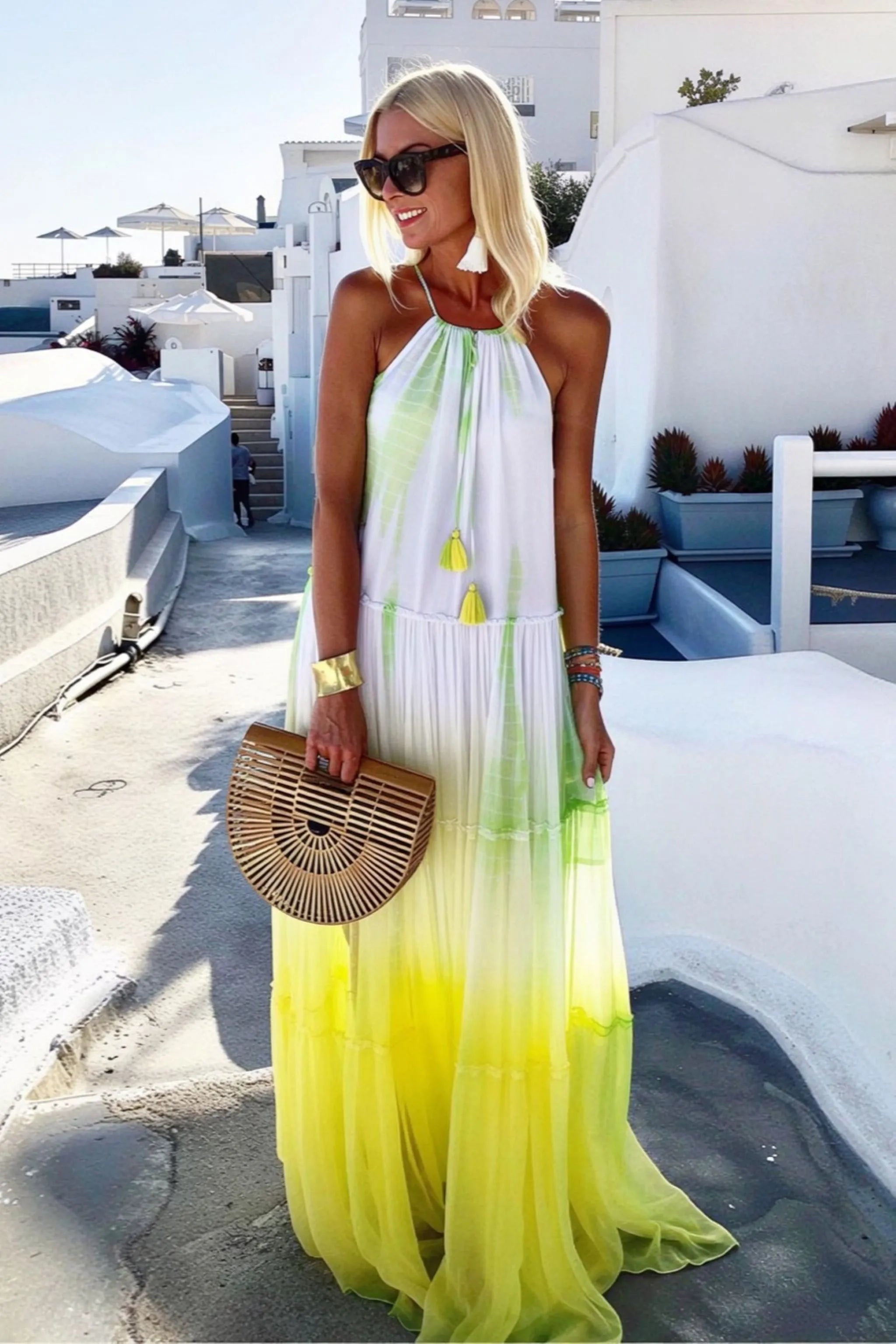 yellow and white silk maxi dress to wear on holiday by lindsey brown resort wear 