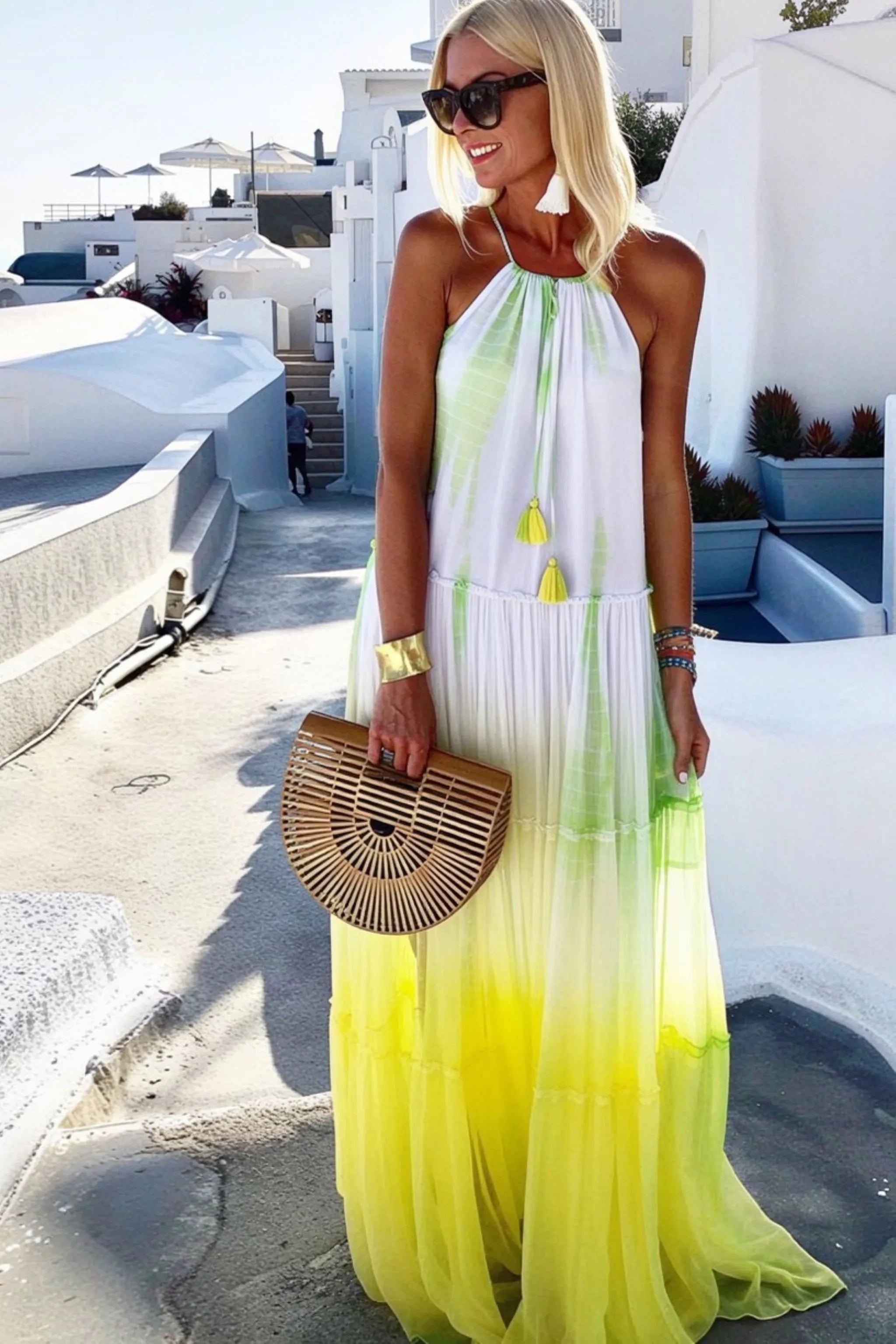 yellow and white silk resort wear maxi dresses to wear on a warm vacation