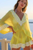 yellow short silk designer kaftan to wear on holiday by Lindsey Brown resort wear 