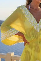yellow silk short elasticated silk kaftan by lindsey brown resort wear 