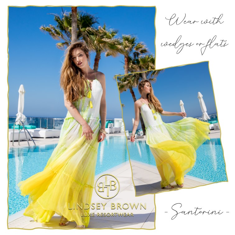 Luxury yellow silk maxi dress by Lindsey Brown resort wear
