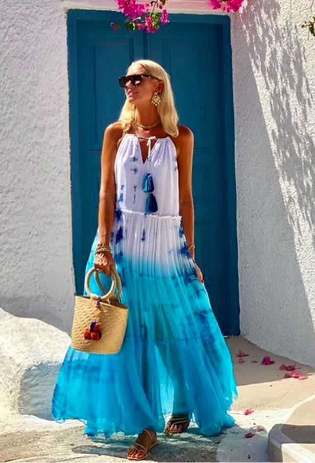 Turquoise blue silk maxi dresses to wea rin Santorini by Lindsey Brown luxury resort wear 