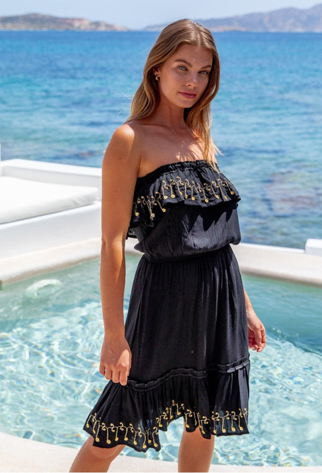 Black strapless designer sun dress by Lindsey Brown resort wear 