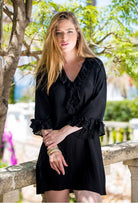 Black Plus Size short designer kaftan to wear on holiday by Lindsey brown resort wear 