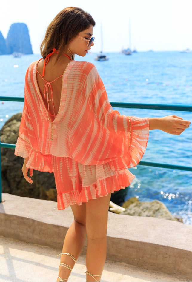 Orange silk designer kaftan dress by lindsey brown resort wear 