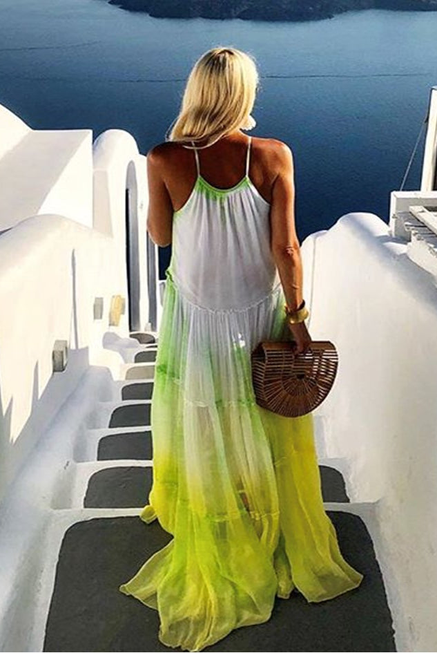 Silk Dress worn by Anna Mavridis to wear in Santorini  by Lindsey Brown is the ultimate floaty holiday dress to wear all Summer, a loose flared fit, hand dyed 