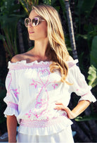 White Pink Bardot off the shoulder tops by Lindsey Brown resort wear 