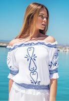 White & Navy bardot off the shoulder tops to wear with shorts and jeans by Lindsey Brown
