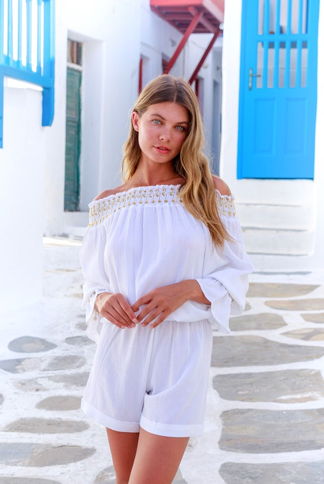 White designer bardot off the shoulder top to wear on holiday by Lindsey Brown
