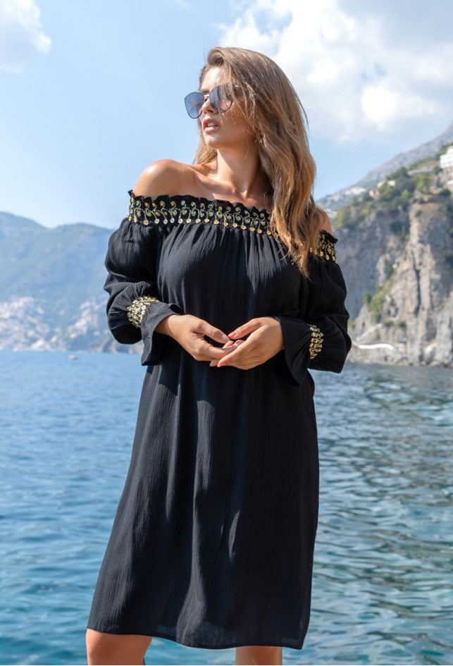 black bardot off the shoulder holiday dress to wear on a caribbean cruise by lindsey brown resort wear 