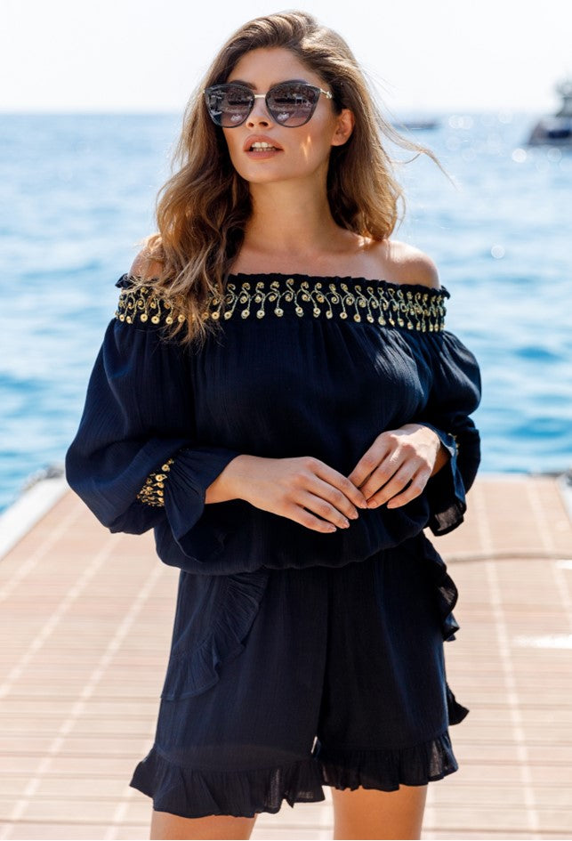 black cotton designer holiday shorts by lindsey brown resort wear 