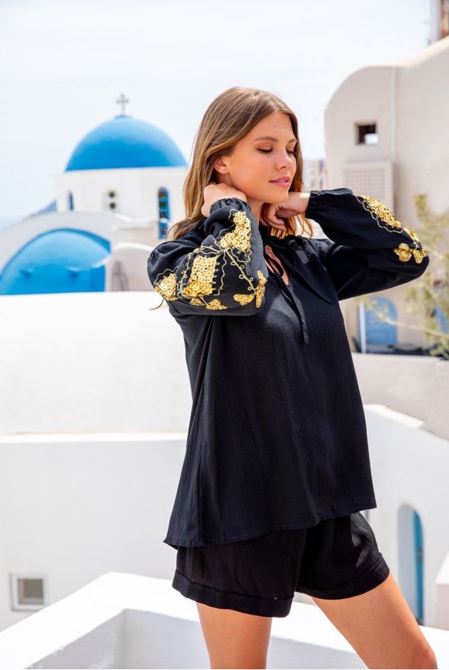 black cotton summer blouse with hand sewn gold detail on sleeves by lindsey brown resort wear 
