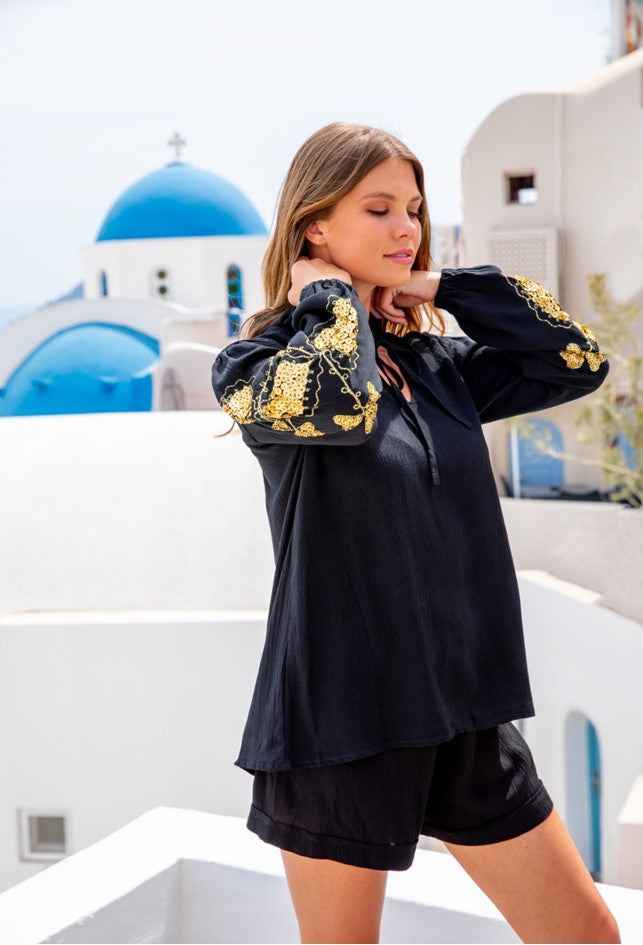 black cotton summer blouse with hand sewn gold detail on sleeves by lindsey brown resort wear 