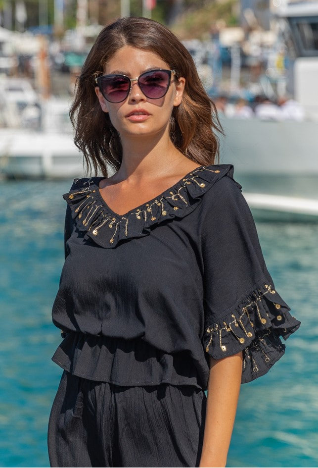 black gold v neck holiday top by lindsey brown resort wear 