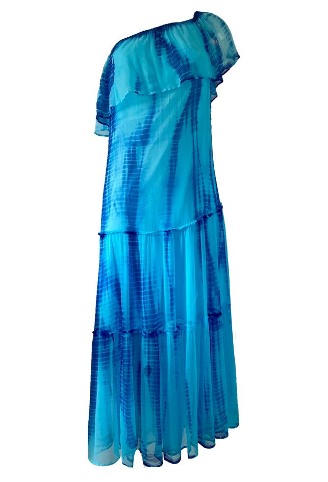 one shoulder blue silk turquoise maxi dress by lindsey brown resort wear 