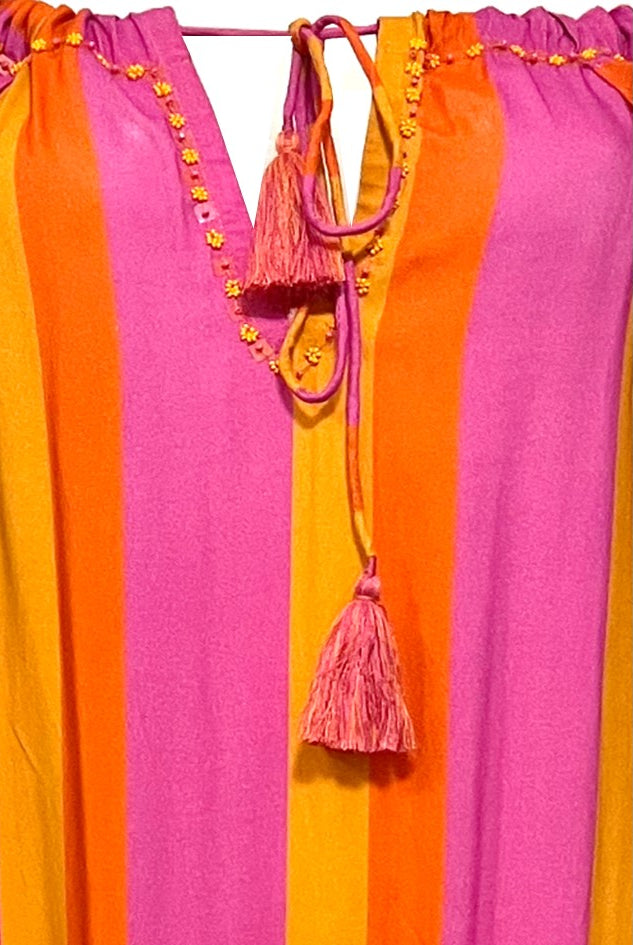 Sleeveless pink and orange stripe beach dress named Dominica in lovely soft stripe rayon by Lindsey Brown 