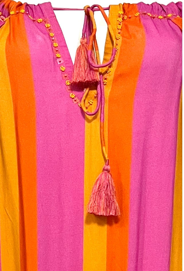 Sleeveless pink and orange stripe beach dress named Dominica in lovely soft stripe rayon by Lindsey Brown 