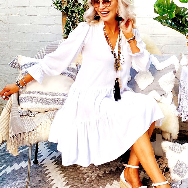plus size white summer Smock dresses to wear on holiday by Lindsey Brown resort wear 