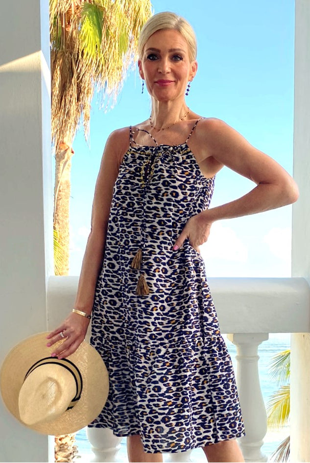 short animal print designer sun dress to wear on holiday by lindsey brown resort wear 