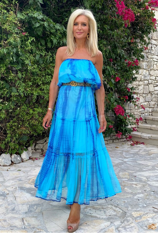 strapless silk blue maxi dress to wear on holiday by lindsey brown resort wear 