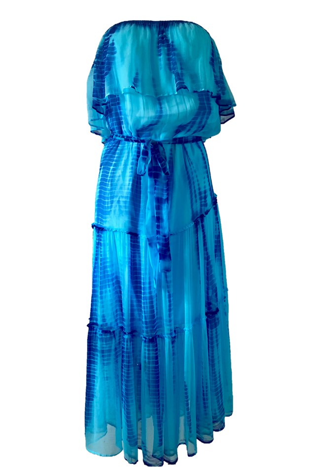 turquoise strapless silk designer maxi dress to wear on holiday by lindsey brown resort wear 