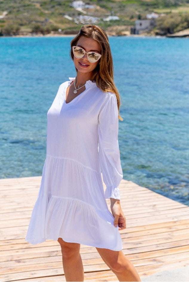 White cotton beautiful swing style of white beach dress called Provence by lindsey brown resort wear 